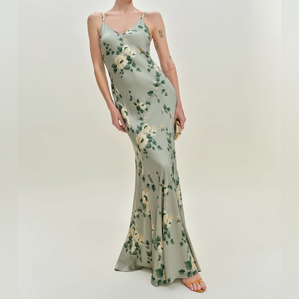 Reformation Tyler Satin Dress - Shade Garden Color - Formal Wedding Guest V Neck